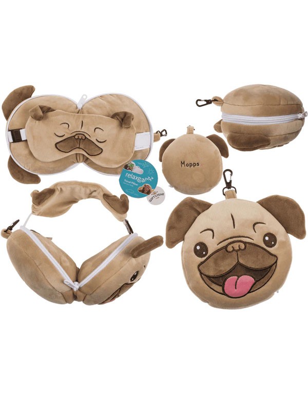 Kids Plush Travel Pillow with Eye Mask - Pug