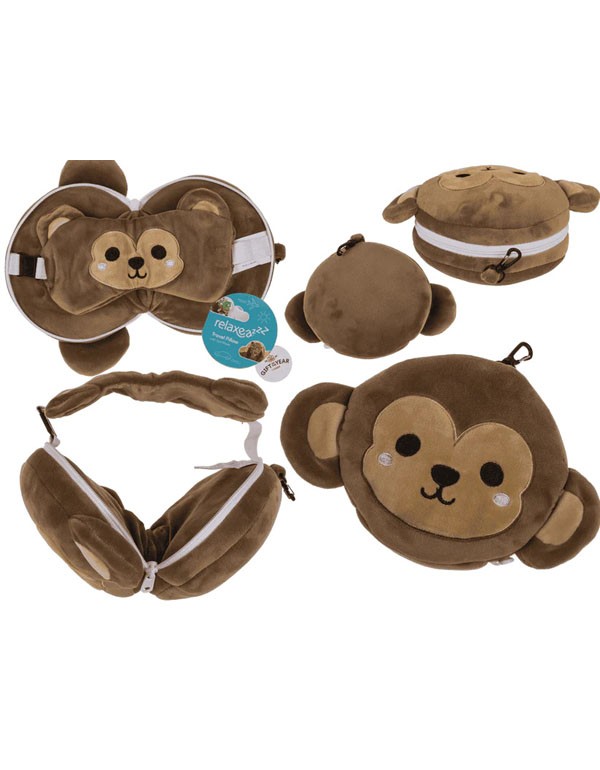 Kids Plush Travel Pillow with Eye Mask - Monkey