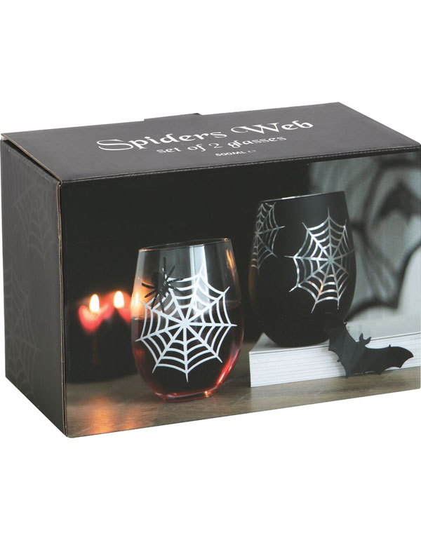Set Of 2 Spider And Web Stemless Wine Glasses