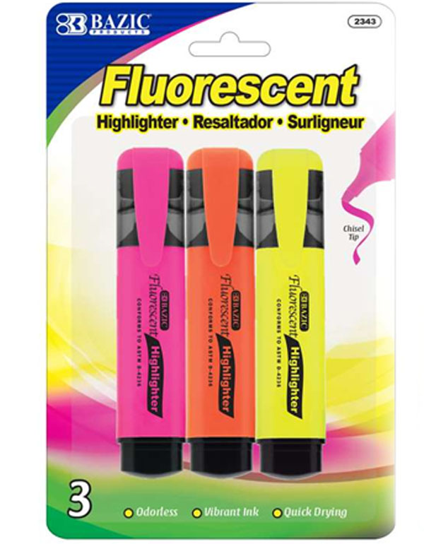 Bazic Fluorescent Highlighter Pocket Clip 3/Pack